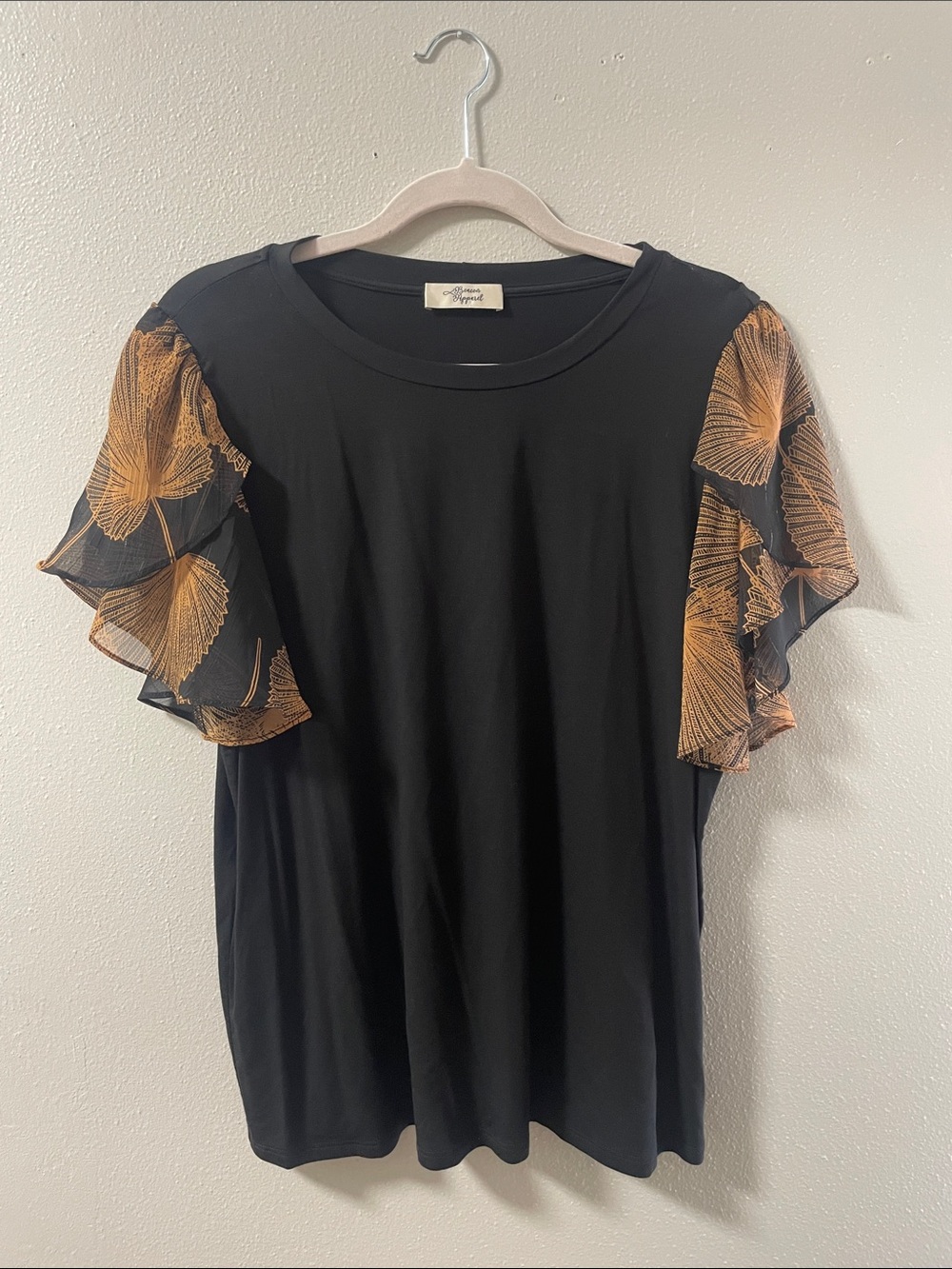 Black Tee with Gold Leaf Flutter Sleeves - Women